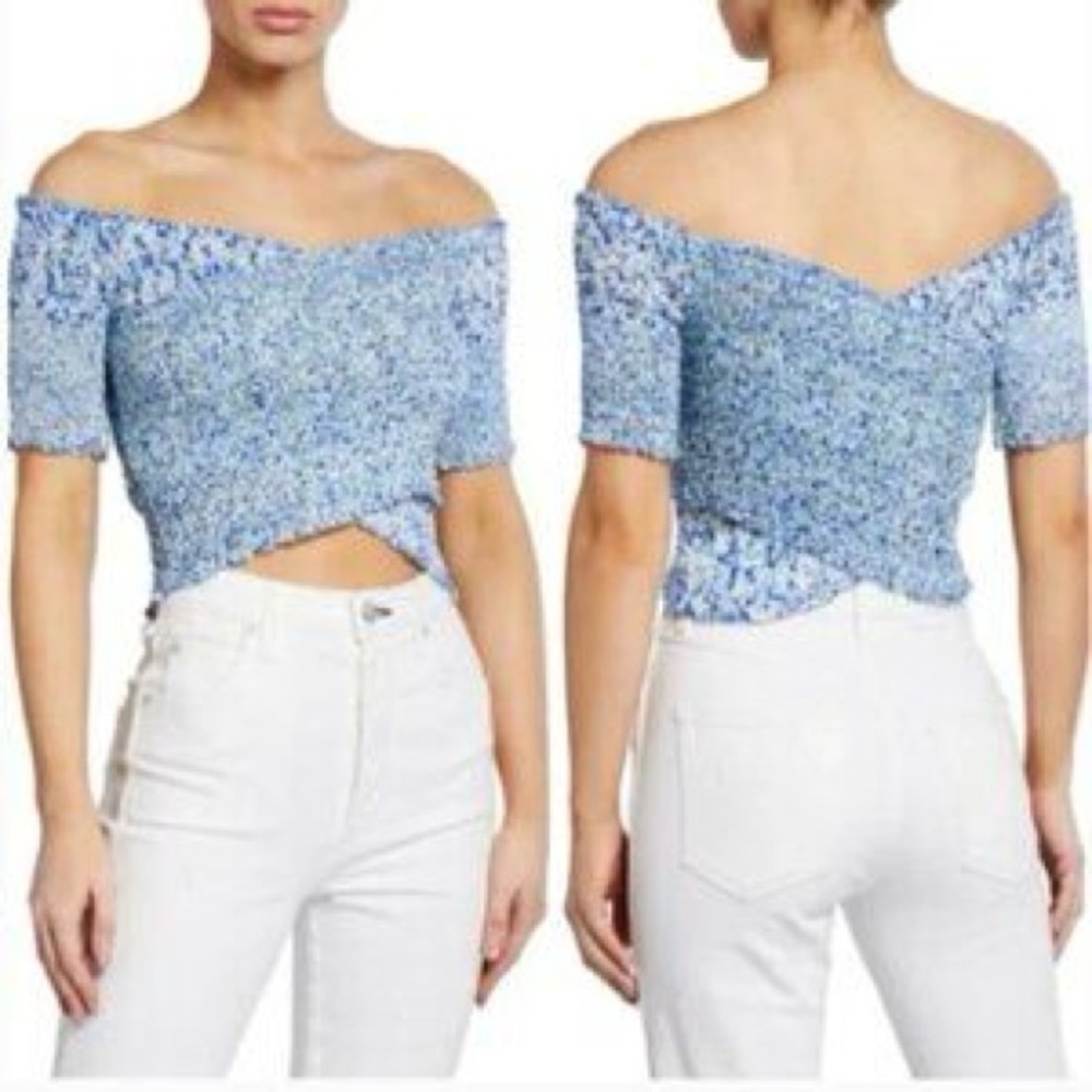 Poupette St. Barth Blue/Floral Off-Shoulder Cris-Cross Smocked Crop Top